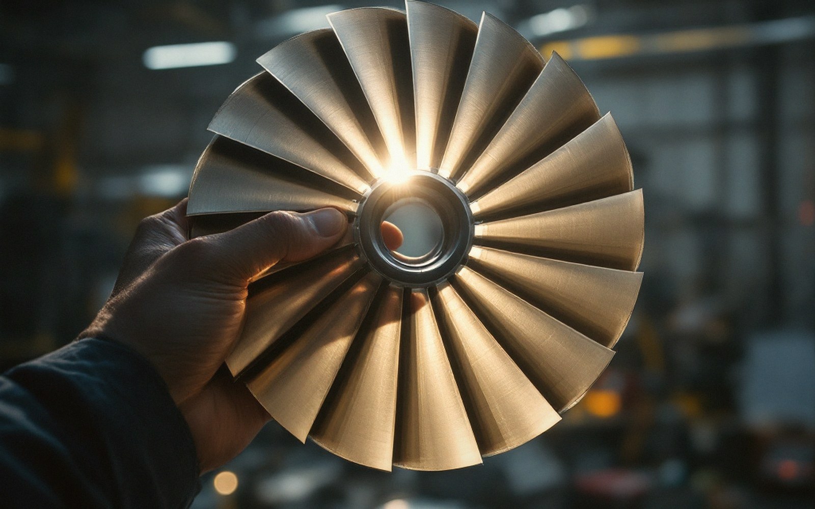 A turbine blade held up to the light with its cooling holes visible