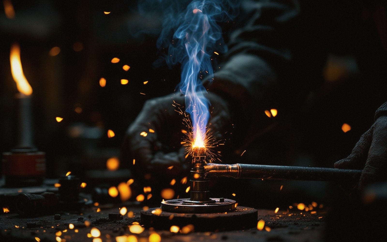 A brazier's torch on a bicycle frame lug, flux glowing, dark workshop