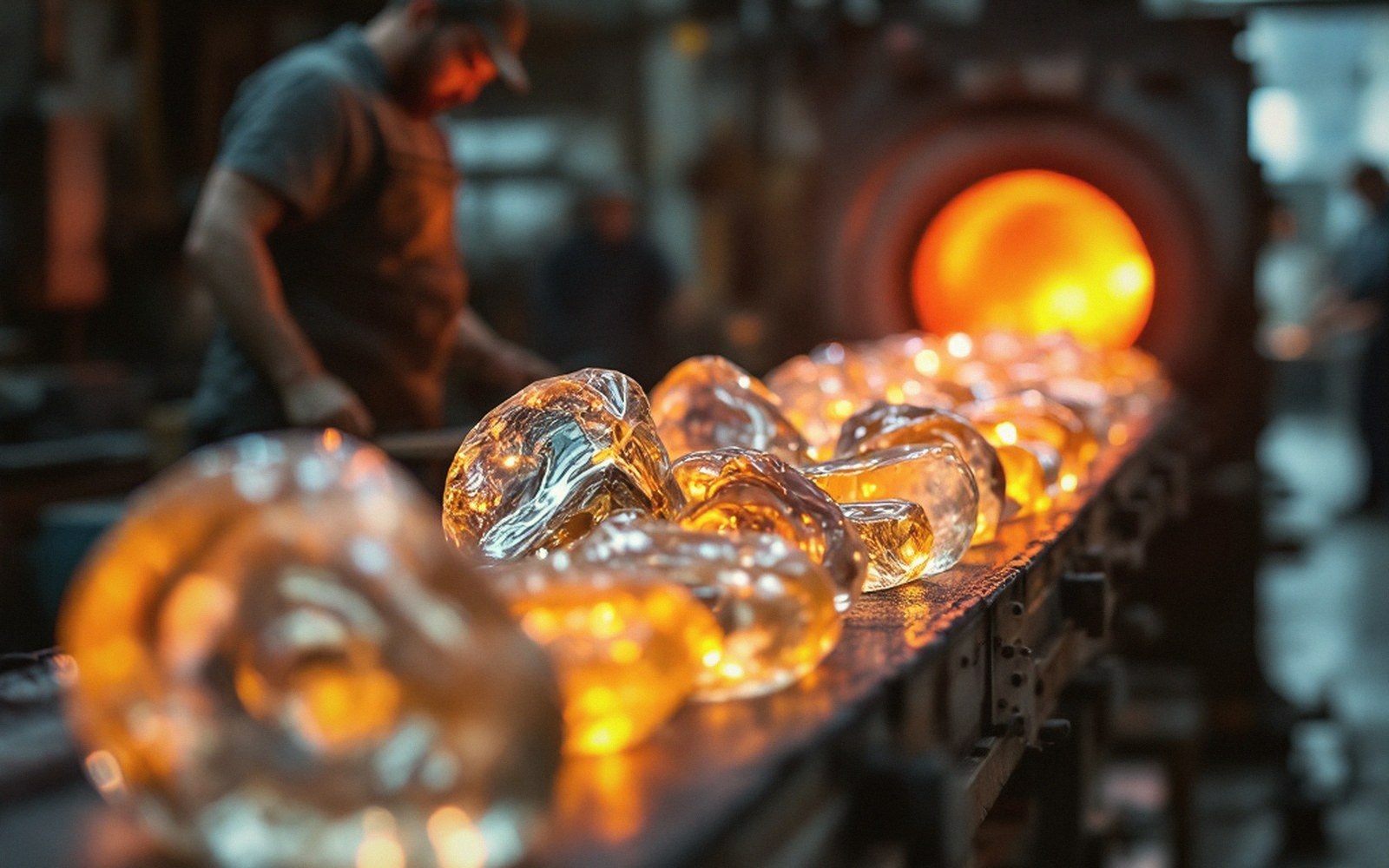 Finished glass pieces moving slowly through a long annealing oven on a belt, warm glow
