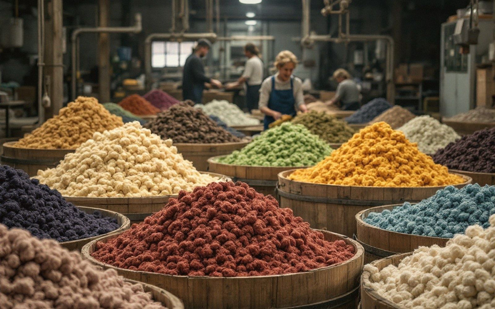 Heaps of dyed loose wool in different colours in wooden bins at a mill, overhead light