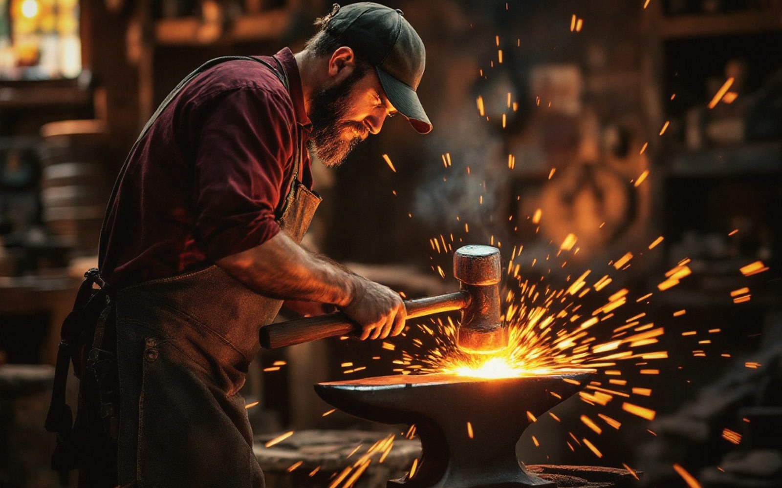 An adult smith at an anvil striking hot steel, forge glowing behind, motion in the hammer