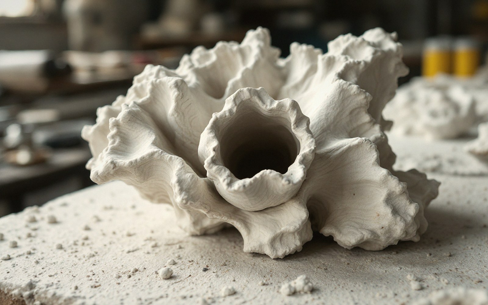 A ceramic investment casting shell cluster on a foundry bench, rough white surface, industrial light