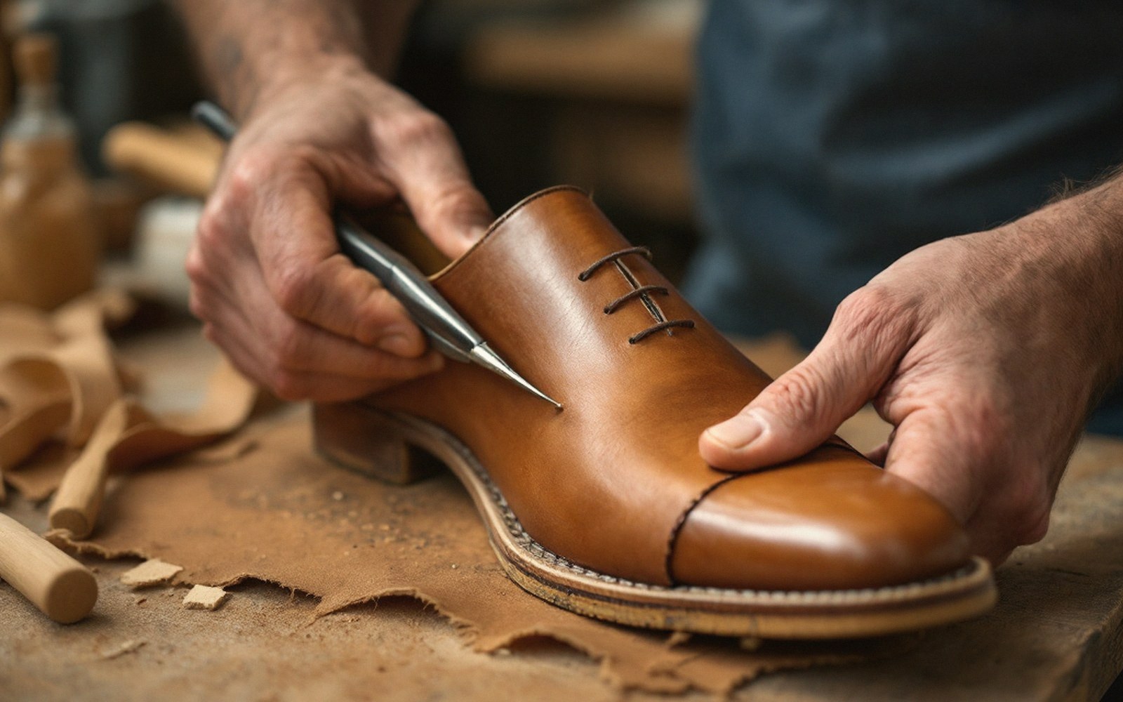 A wooden shoe last with leather being pulled over it and tacked, pincers in an adult hand, bench