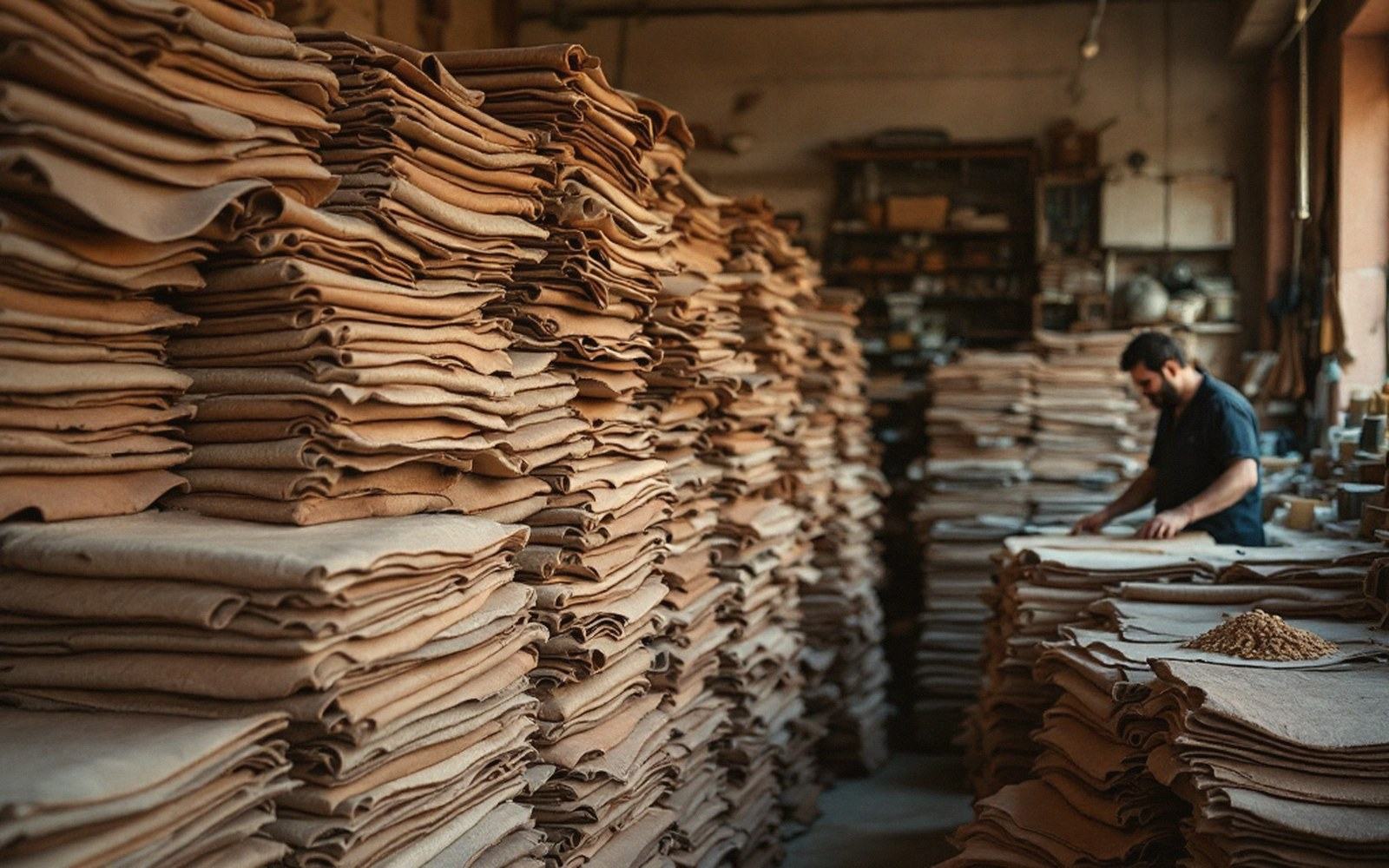 Stacked vegetable-tanned leather hides in a store, warm brown, diffuse light