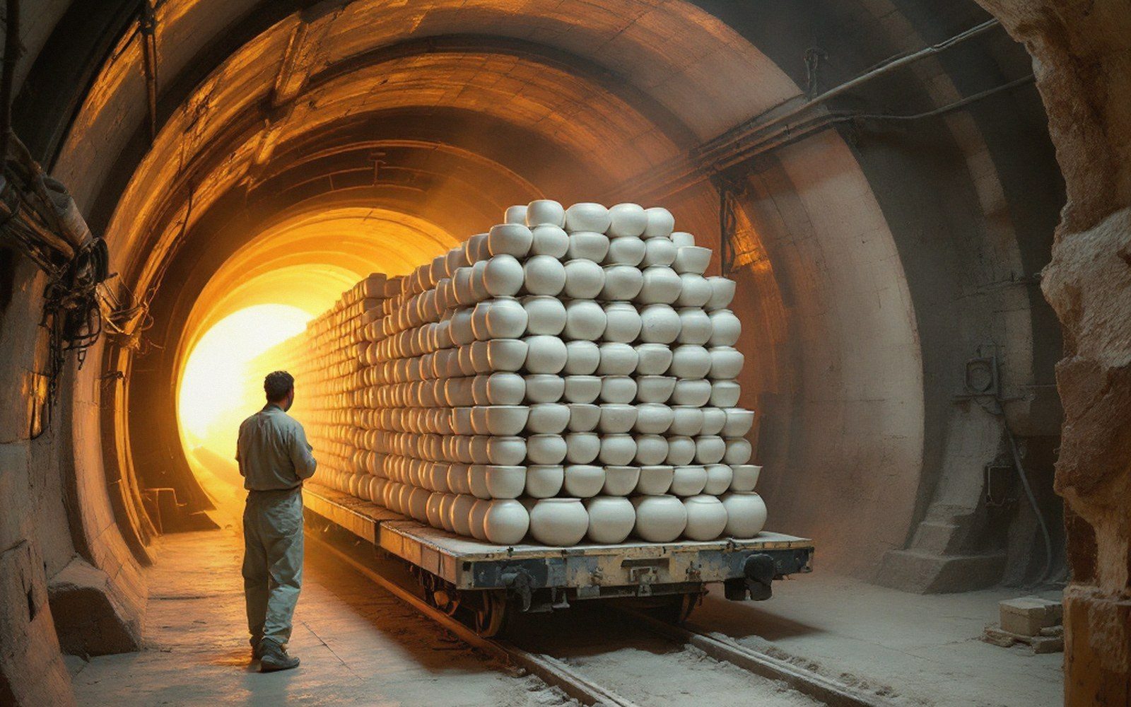 A kiln car stacked with white ware being pushed into a tunnel kiln, heat haze