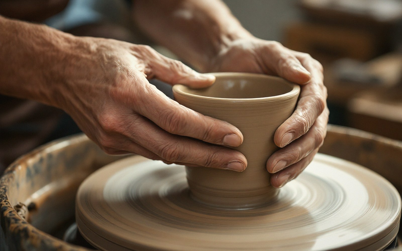 An adult potter's hands finishing the rim of a cup on a jigger wheel, clay slip, workshop light