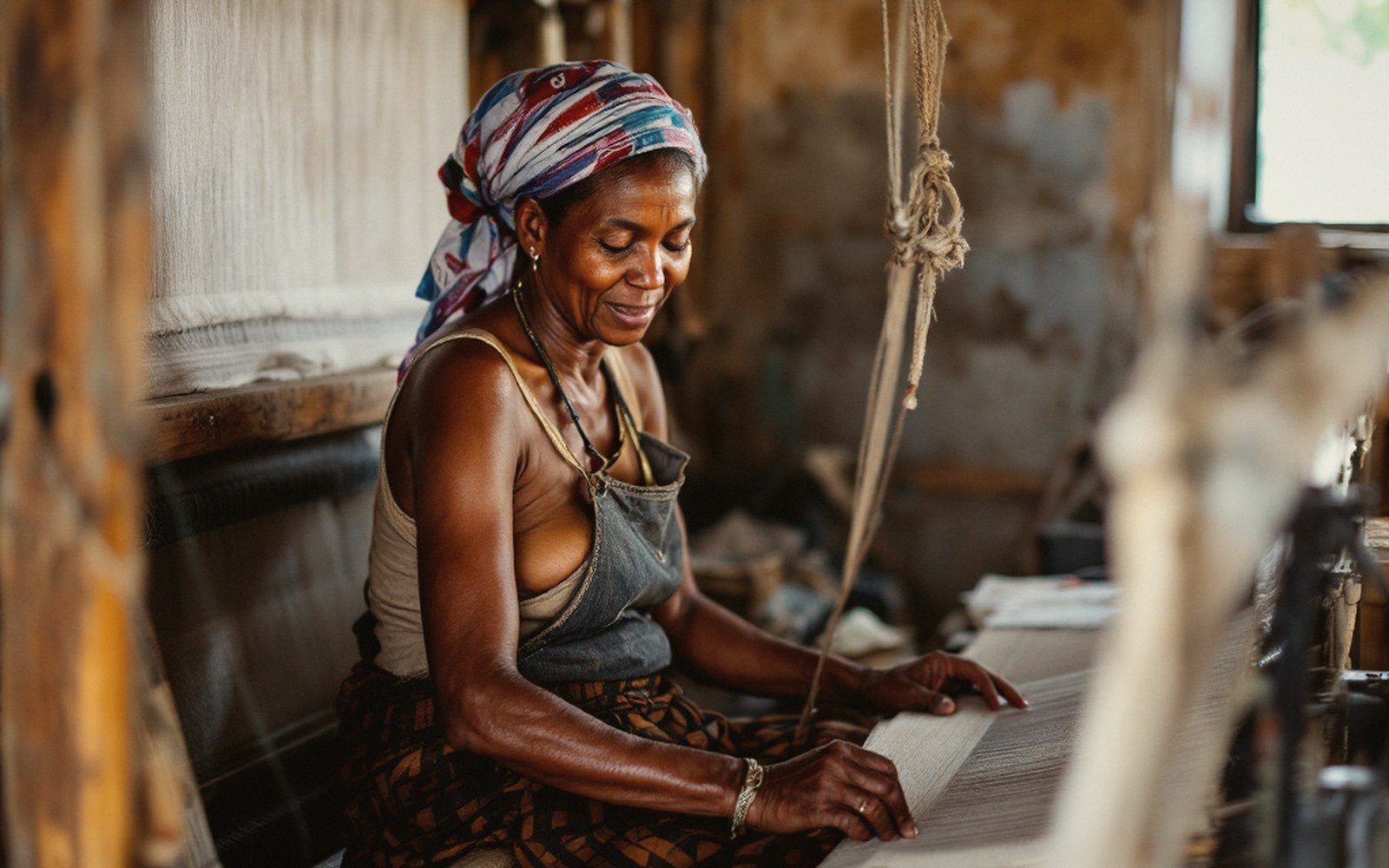 An adult weaver at a treadle loom in a small shed, cloth advancing on the beam, window light